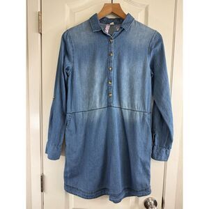 Alya Women's Long Sleeve Blue Chambray Mini Dress 100% Cotton Size S